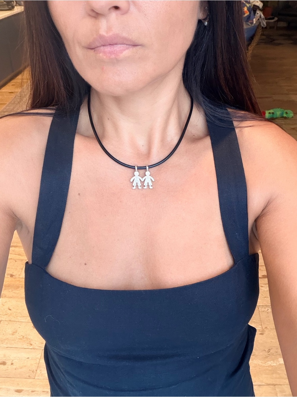 Tous Black Cord Necklace with Silver Duo Boy Pendant